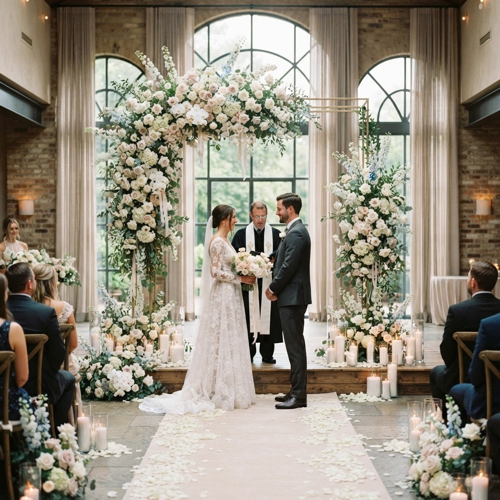 An elegant wedding ceremony arch with abundant florals and candles