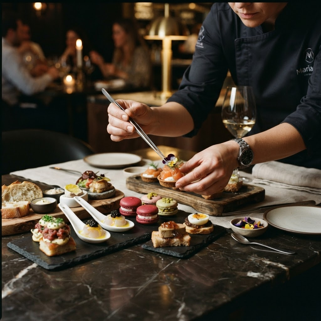 Chef garnishing plated hors d’oeuvres on a dark marble table