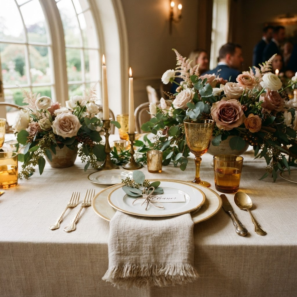 Luxurious event tablescape with florals, brass flatware and candlelight