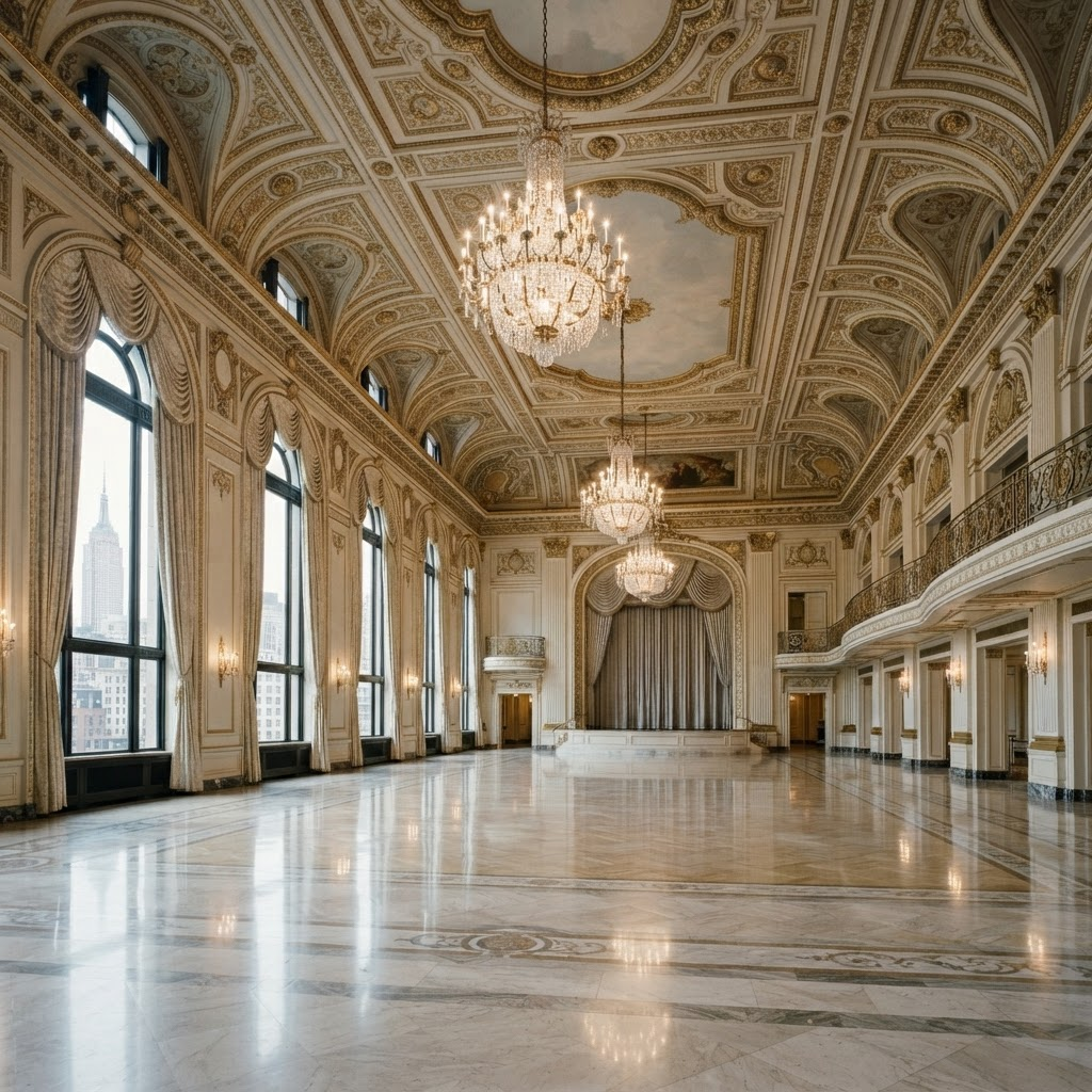 Grand historic New York ballroom with crystal chandeliers