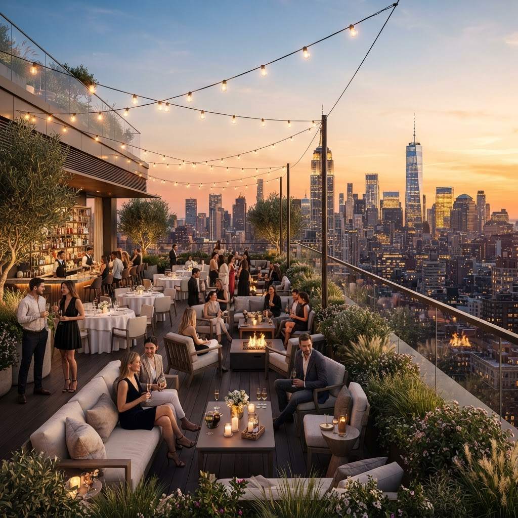 A Manhattan rooftop event terrace at golden hour with skyline views